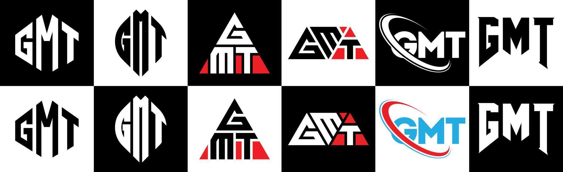 diseño de logotipo de letra gmt en seis estilos. gmt polígono, círculo, triángulo, hexágono, estilo plano y simple con logotipo de letra de variación de color blanco y negro en una mesa de trabajo. logotipo minimalista y clásico de gmt vector