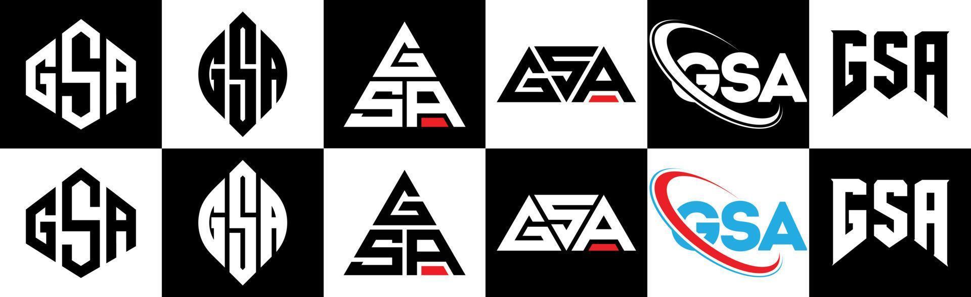 diseño de logotipo de letra gsa en seis estilos. gsa polígono, círculo, triángulo, hexágono, estilo plano y simple con logotipo de letra de variación de color blanco y negro en una mesa de trabajo. logotipo minimalista y clásico de gsa vector