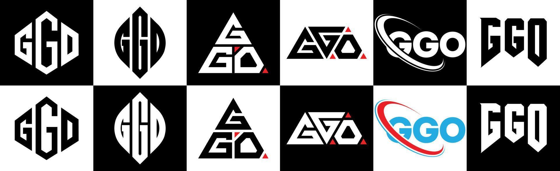 GGO letter logo design in six style. GGO polygon, circle, triangle, hexagon, flat and simple style with black and white color variation letter logo set in one artboard. GGO minimalist and classic logo vector