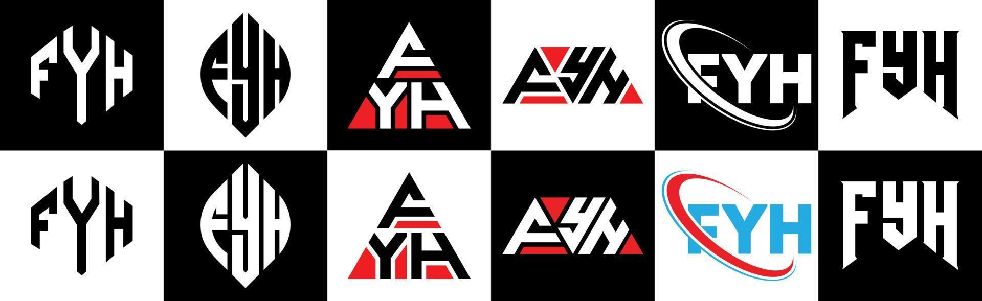 diseño de logotipo de letra fyh en seis estilos. polígono fyh, círculo, triángulo, hexágono, estilo plano y simple con logotipo de letra de variación de color blanco y negro en una mesa de trabajo. logotipo minimalista y clásico de fyh vector