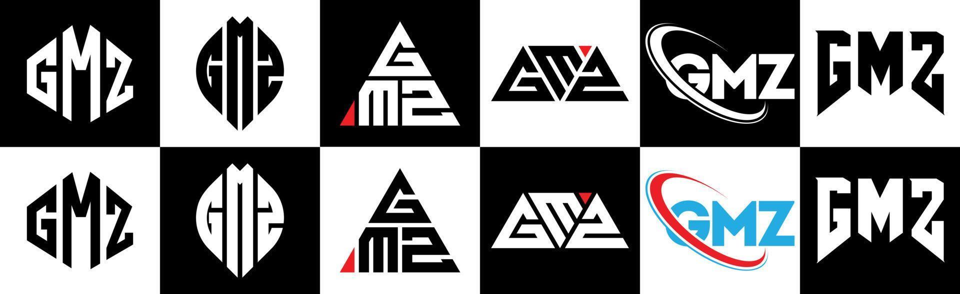 GMZ letter logo design in six style. GMZ polygon, circle, triangle, hexagon, flat and simple style with black and white color variation letter logo set in one artboard. GMZ minimalist and classic logo vector