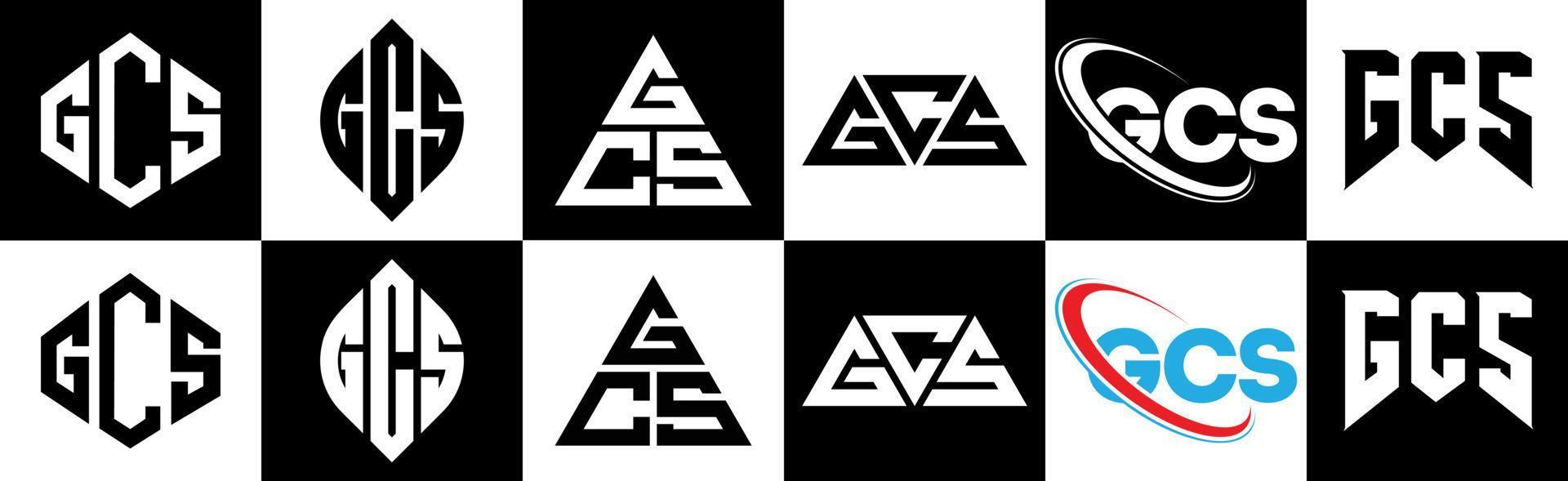 Diseño de logotipo de letra gcs en seis estilos. gcs polígono, círculo, triángulo, hexágono, estilo plano y simple con logotipo de letra de variación de color blanco y negro en una mesa de trabajo. logotipo minimalista y clásico de gcs vector