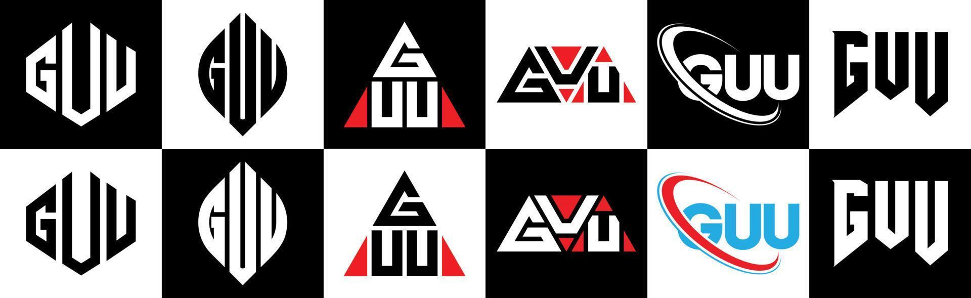 GUU letter logo design in six style. GUU polygon, circle, triangle, hexagon, flat and simple style with black and white color variation letter logo set in one artboard. GUU minimalist and classic logo vector