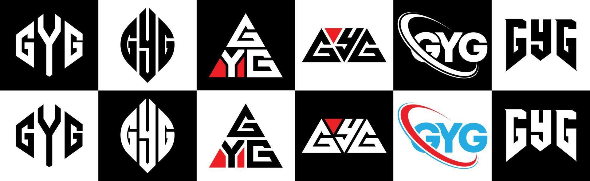 GYG letter logo design in six style. GYG polygon, circle, triangle, hexagon, flat and simple style with black and white color variation letter logo set in one artboard. GYG minimalist and classic logo vector