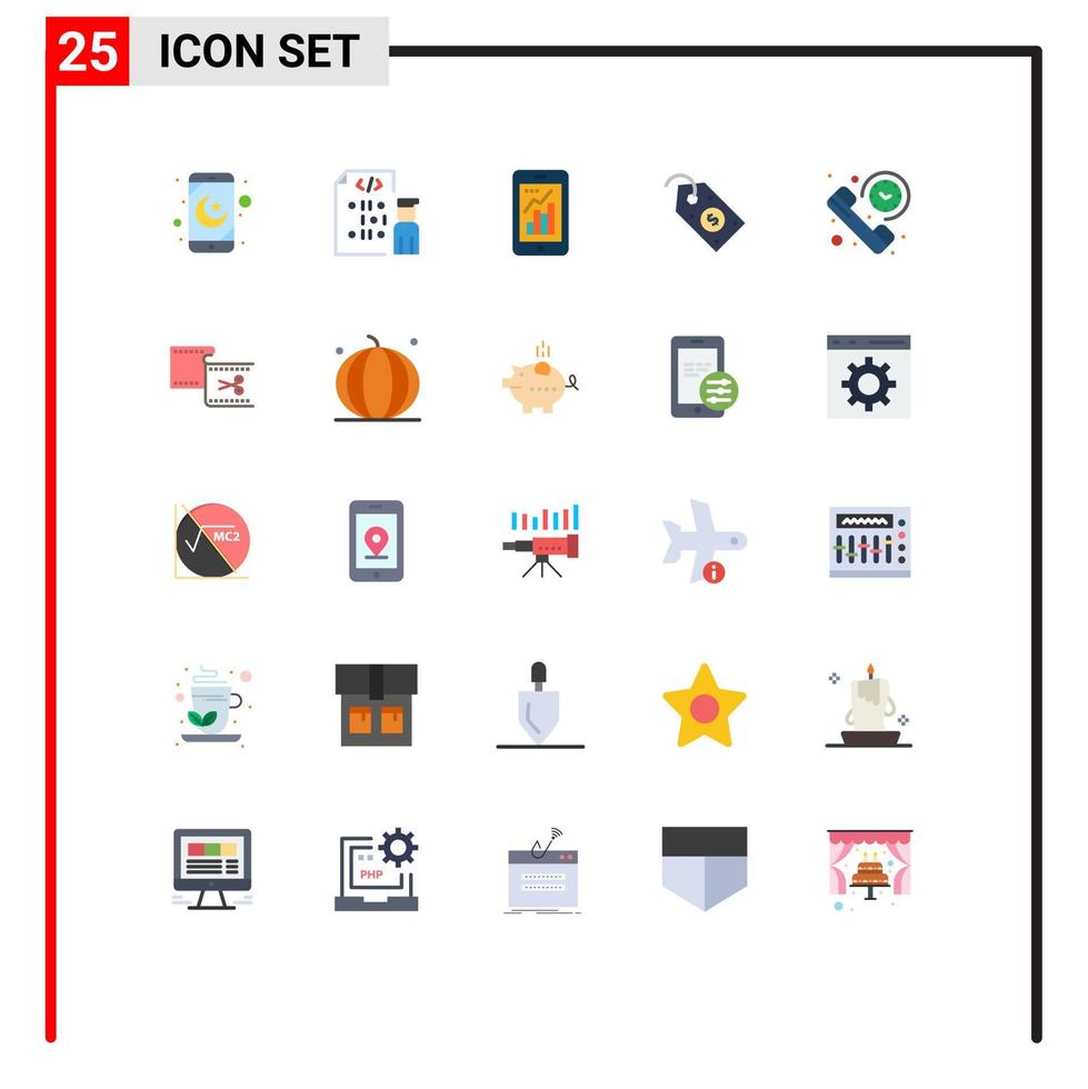 25 Universal Flat Color Signs Symbols of call price graph label mobile graph Editable Vector Design Elements