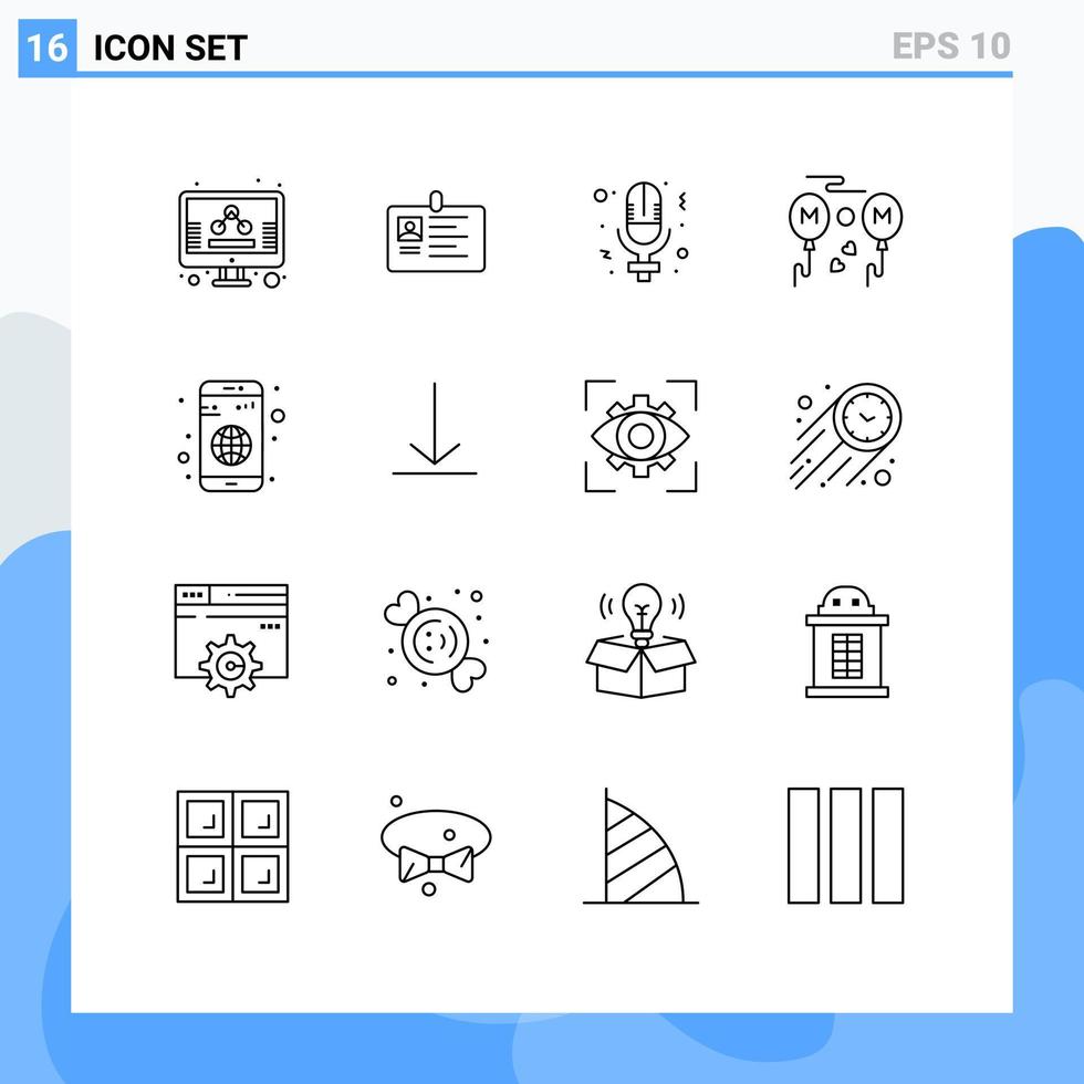 Modern Set of 16 Outlines and symbols such as love balloons id card women microphone Editable Vector Design Elements