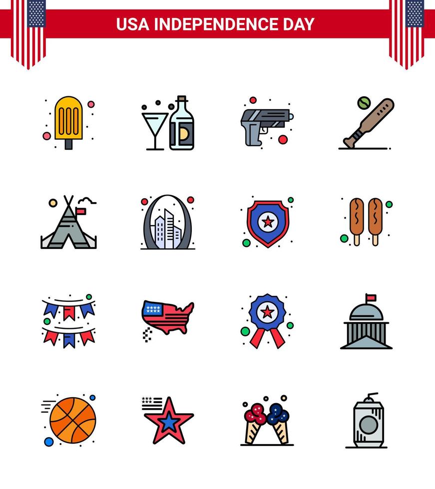 Modern Set of 16 Flat Filled Lines and symbols on USA Independence Day such as tent free sports gun bat ball Editable USA Day Vector Design Elements