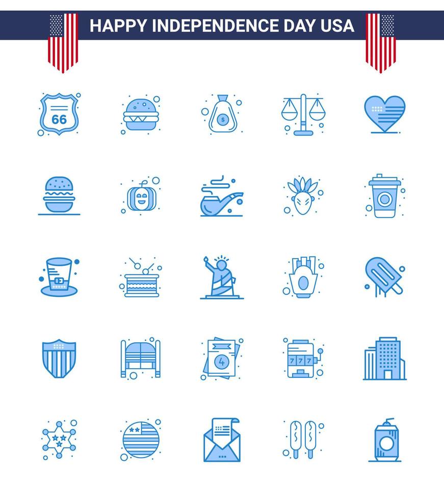 feliz día de la independencia 4 de julio conjunto de 25 pictogramas americanos de blues de corazón americano escala de dinero justicia editable día de estados unidos elementos de diseño vectorial vector