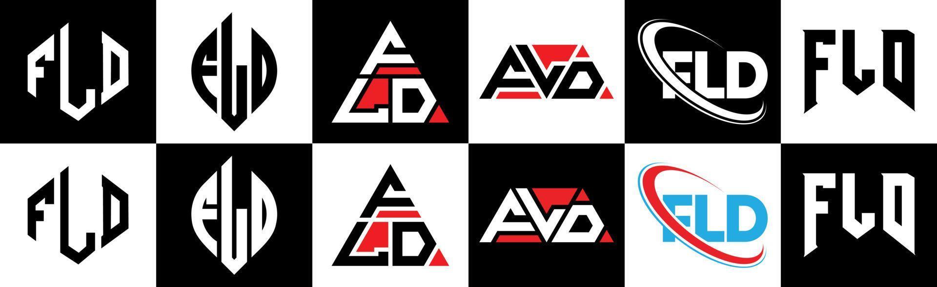 diseño de logotipo de letra fld en seis estilos. fld polígono, círculo, triángulo, hexágono, estilo plano y simple con logotipo de letra de variación de color blanco y negro en una mesa de trabajo. fld logotipo minimalista y clásico vector