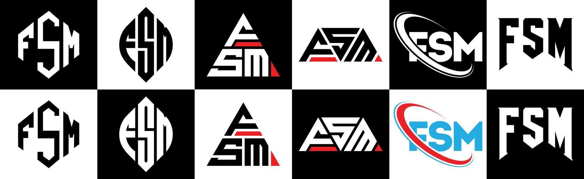 diseño de logotipo de letra fsm en seis estilos. fsm polígono, círculo, triángulo, hexágono, estilo plano y simple con logotipo de letra de variación de color blanco y negro en una mesa de trabajo. logotipo minimalista y clásico de fsm vector