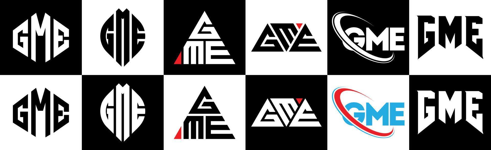 diseño de logotipo de letra gme en seis estilos. gme polígono, círculo, triángulo, hexágono, estilo plano y simple con logotipo de letra de variación de color blanco y negro en una mesa de trabajo. logotipo minimalista y clásico de gme vector