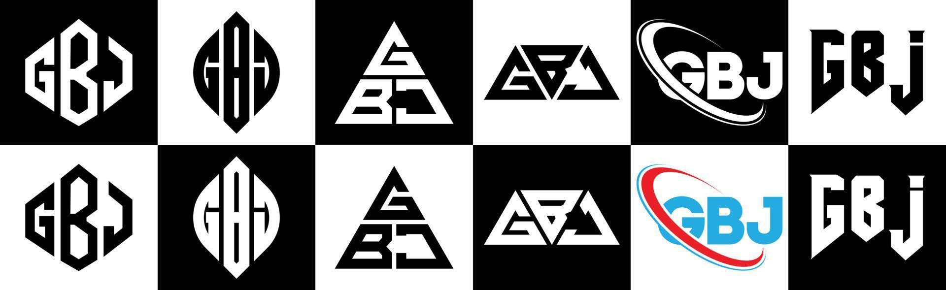 diseño de logotipo de letra gbj en seis estilos. polígono gbj, círculo, triángulo, hexágono, estilo plano y simple con logotipo de letra de variación de color blanco y negro en una mesa de trabajo. logotipo minimalista y clásico de gbj vector