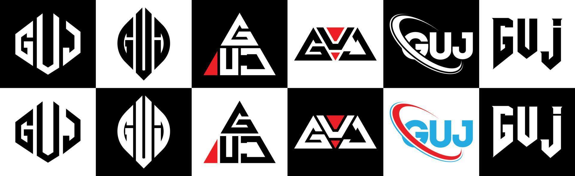 GUJ letter logo design in six style. GUJ polygon, circle, triangle, hexagon, flat and simple style with black and white color variation letter logo set in one artboard. GUJ minimalist and classic logo vector