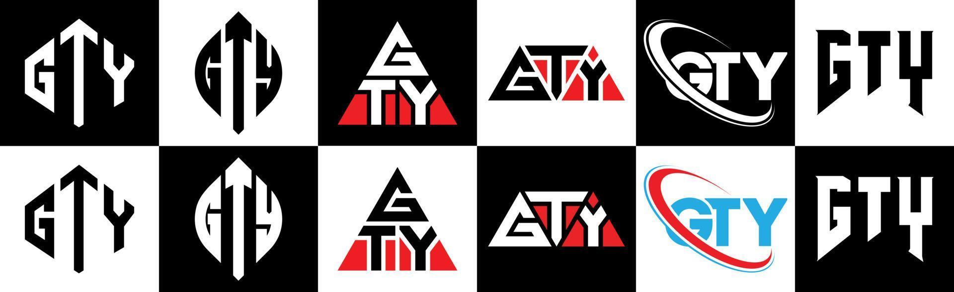 GTY letter logo design in six style. GTY polygon, circle, triangle, hexagon, flat and simple style with black and white color variation letter logo set in one artboard. GTY minimalist and classic logo vector