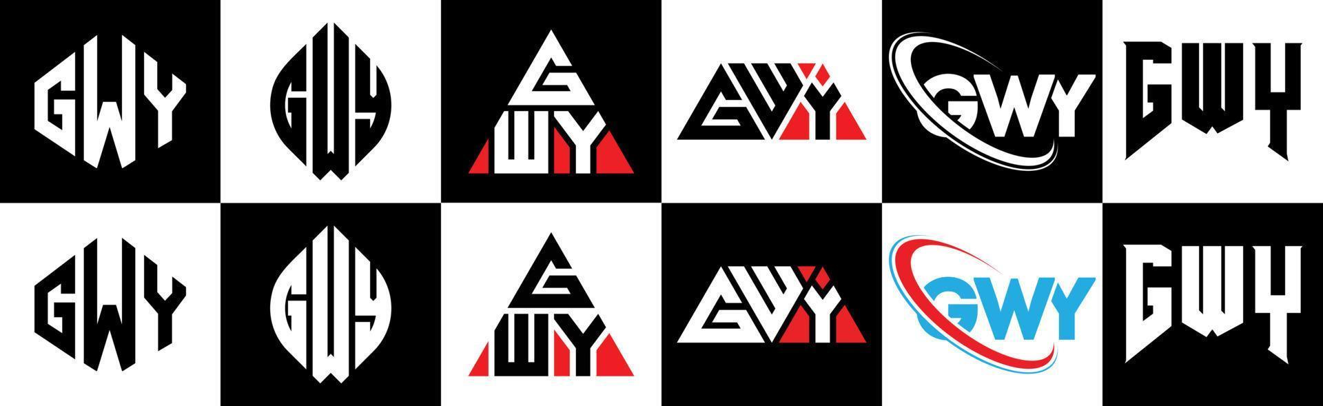 GWY letter logo design in six style. GWY polygon, circle, triangle, hexagon, flat and simple style with black and white color variation letter logo set in one artboard. GWY minimalist and classic logo vector