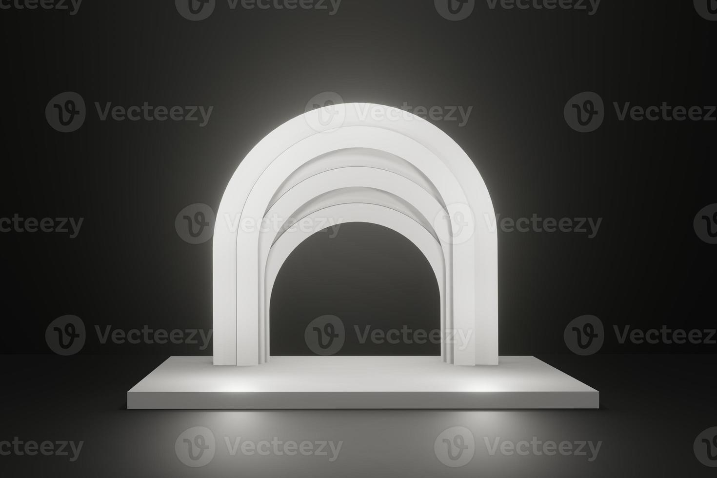 empty stage podium with white shining arch on dark background, paradise arch scene 3d render photo