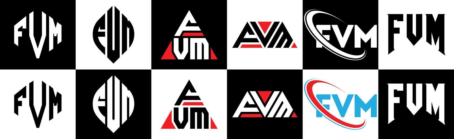 FVM letter logo design in six style. FVM polygon, circle, triangle, hexagon, flat and simple style with black and white color variation letter logo set in one artboard. FVM minimalist and classic logo vector