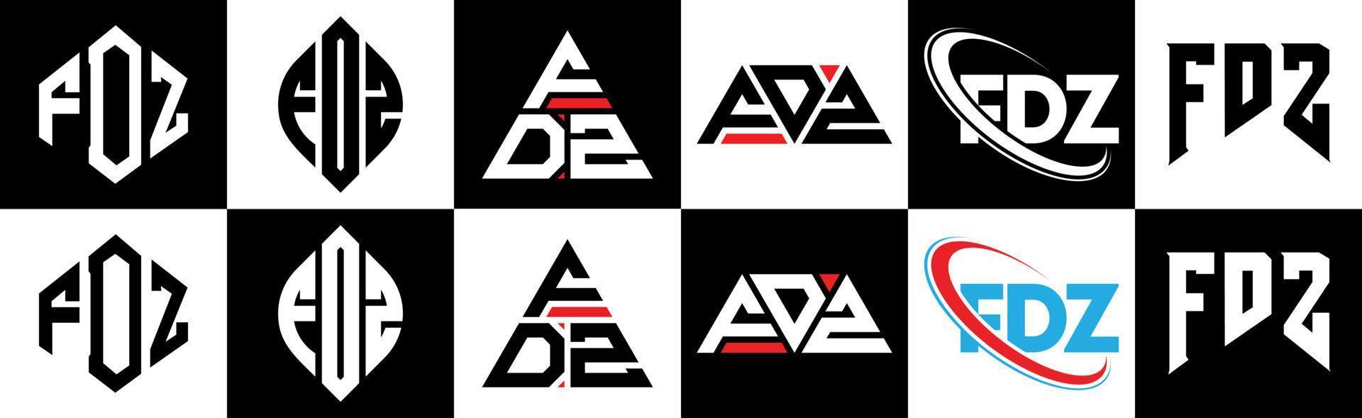 FDZ letter logo design in six style. FDZ polygon, circle, triangle, hexagon, flat and simple style with black and white color variation letter logo set in one artboard. FDZ minimalist and classic logo vector