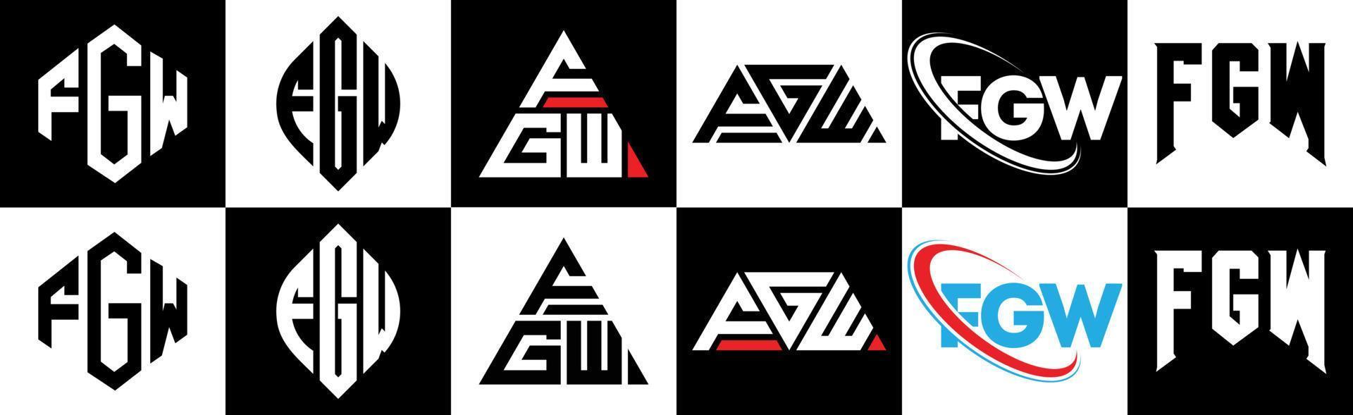 diseño de logotipo de letra fgw en seis estilos. fgw polígono, círculo, triángulo, hexágono, estilo plano y simple con logotipo de letra de variación de color blanco y negro en una mesa de trabajo. logotipo minimalista y clásico de fgw vector