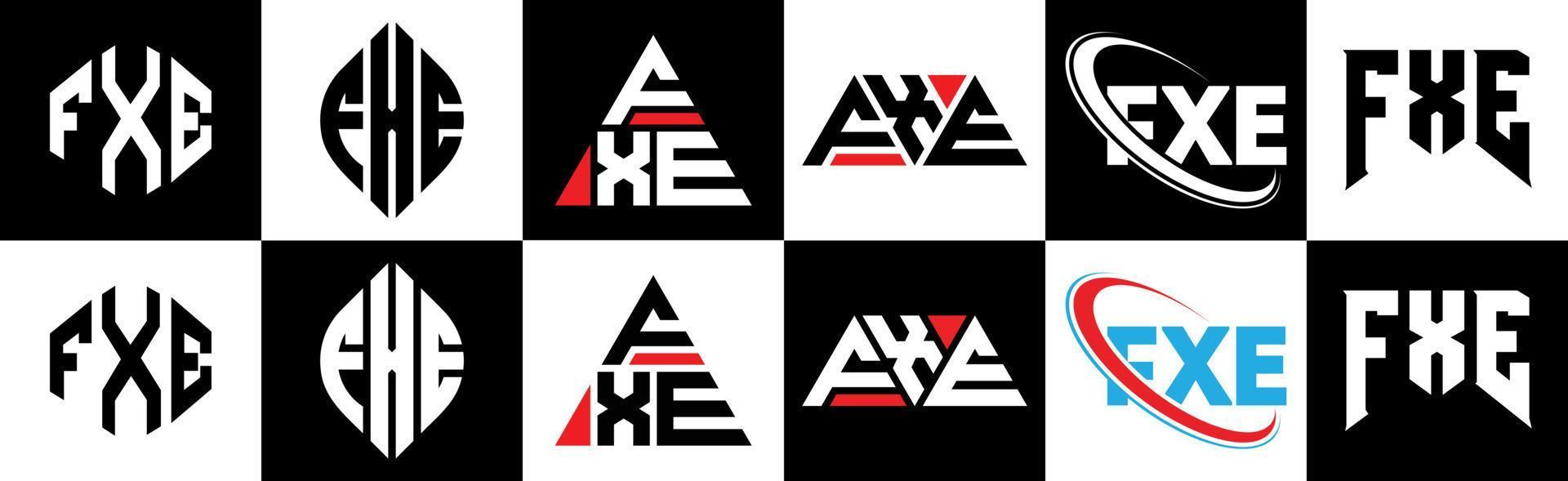 FXE letter logo design in six style. FXE polygon, circle, triangle, hexagon, flat and simple style with black and white color variation letter logo set in one artboard. FXE minimalist and classic logo vector