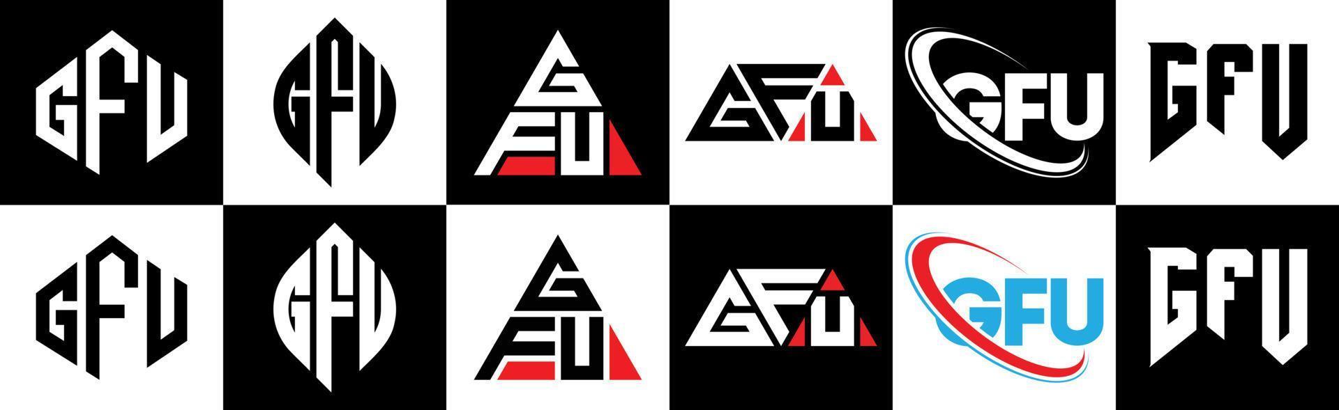 diseño de logotipo de letra gfu en seis estilos. gfu polígono, círculo, triángulo, hexágono, estilo plano y simple con logotipo de letra de variación de color blanco y negro en una mesa de trabajo. logotipo minimalista y clásico de gfu vector