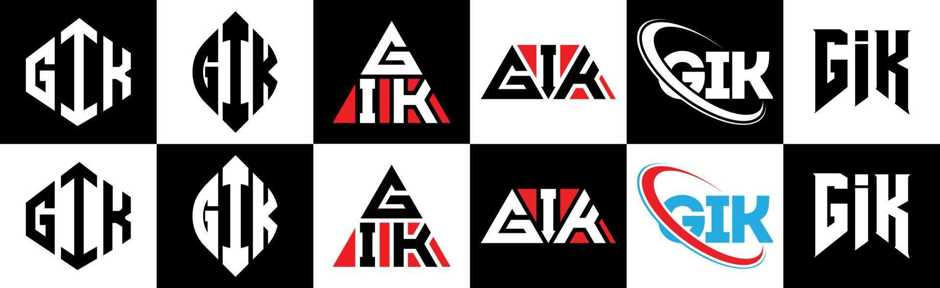 diseño de logotipo de letra gik en seis estilos. gik polígono, círculo, triángulo, hexágono, estilo plano y simple con logotipo de letra de variación de color blanco y negro en una mesa de trabajo. logotipo minimalista y clásico de gik vector