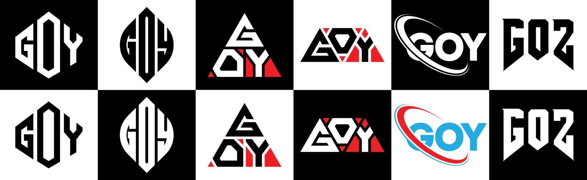 diseño de logotipo de letra goy en seis estilos. polígono goy, círculo, triángulo, hexágono, estilo plano y simple con logotipo de letra de variación de color blanco y negro en una mesa de trabajo. logotipo minimalista y clásico de goy vector