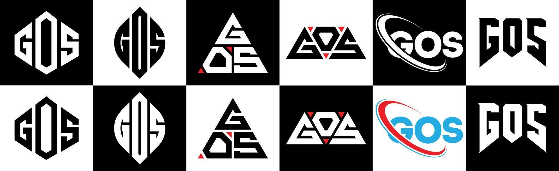 diseño de logotipo de letra gos en seis estilos. gos polígono, círculo, triángulo, hexágono, estilo plano y simple con logotipo de letra de variación de color blanco y negro en una mesa de trabajo. va logotipo minimalista y clásico vector