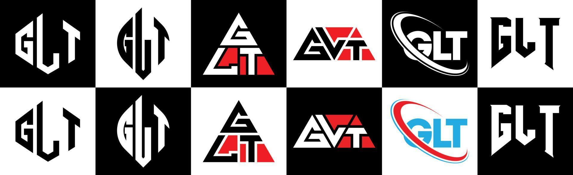 diseño de logotipo de letra glt en seis estilos. glt polígono, círculo, triángulo, hexágono, estilo plano y simple con logotipo de letra de variación de color blanco y negro en una mesa de trabajo. logotipo minimalista y clásico de glt vector