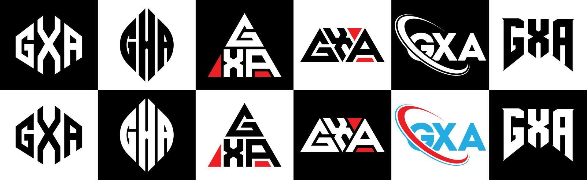 GXA letter logo design in six style. GXA polygon, circle, triangle, hexagon, flat and simple style with black and white color variation letter logo set in one artboard. GXA minimalist and classic logo vector