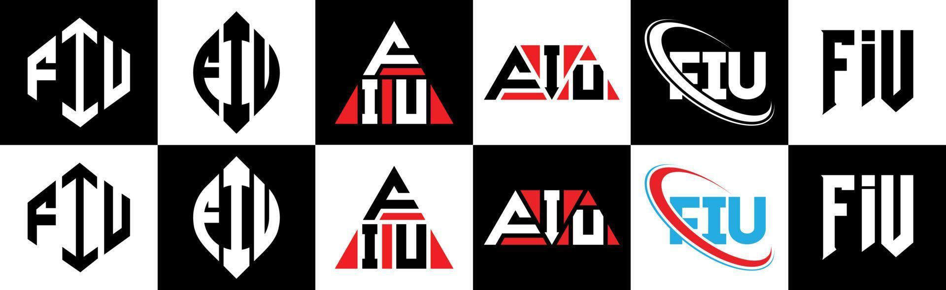 FIU letter logo design in six style. FIU polygon, circle, triangle, hexagon, flat and simple style with black and white color variation letter logo set in one artboard. FIU minimalist and classic logo vector