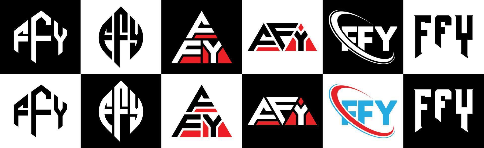 diseño de logotipo de letra ffy en seis estilos. polígono ffy, círculo, triángulo, hexágono, estilo plano y simple con logotipo de letra de variación de color blanco y negro en una mesa de trabajo. logotipo minimalista y clásico de ffy vector