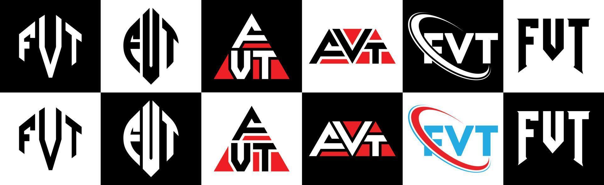 diseño de logotipo de letra fvt en seis estilos. fvt polígono, círculo, triángulo, hexágono, estilo plano y simple con logotipo de letra de variación de color blanco y negro en una mesa de trabajo. logotipo minimalista y clásico de fvt vector