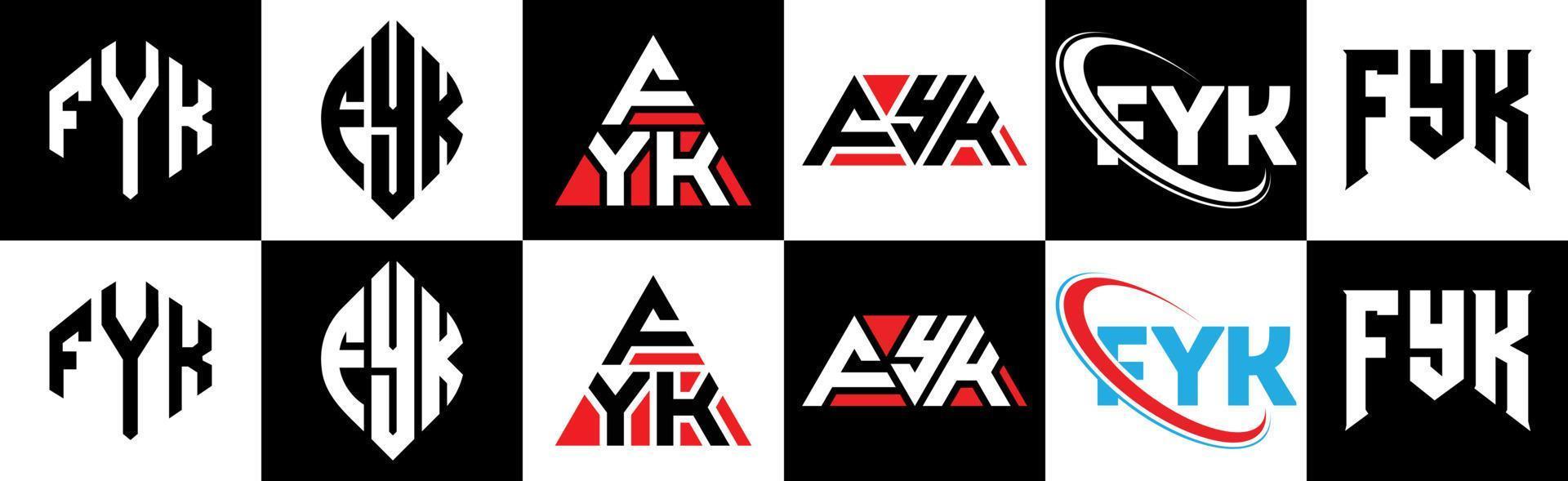 diseño de logotipo de letra fyk en seis estilos. polígono fyk, círculo, triángulo, hexágono, estilo plano y simple con logotipo de letra de variación de color blanco y negro en una mesa de trabajo. logotipo minimalista y clásico de fyk vector