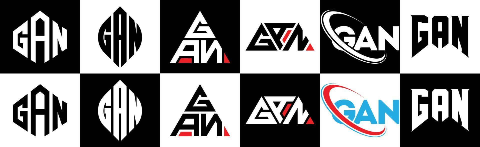 diseño de logotipo de letra gan en seis estilos. gan polígono, círculo, triángulo, hexágono, estilo plano y simple con logotipo de letra de variación de color blanco y negro en una mesa de trabajo. logotipo minimalista y clásico de gan vector