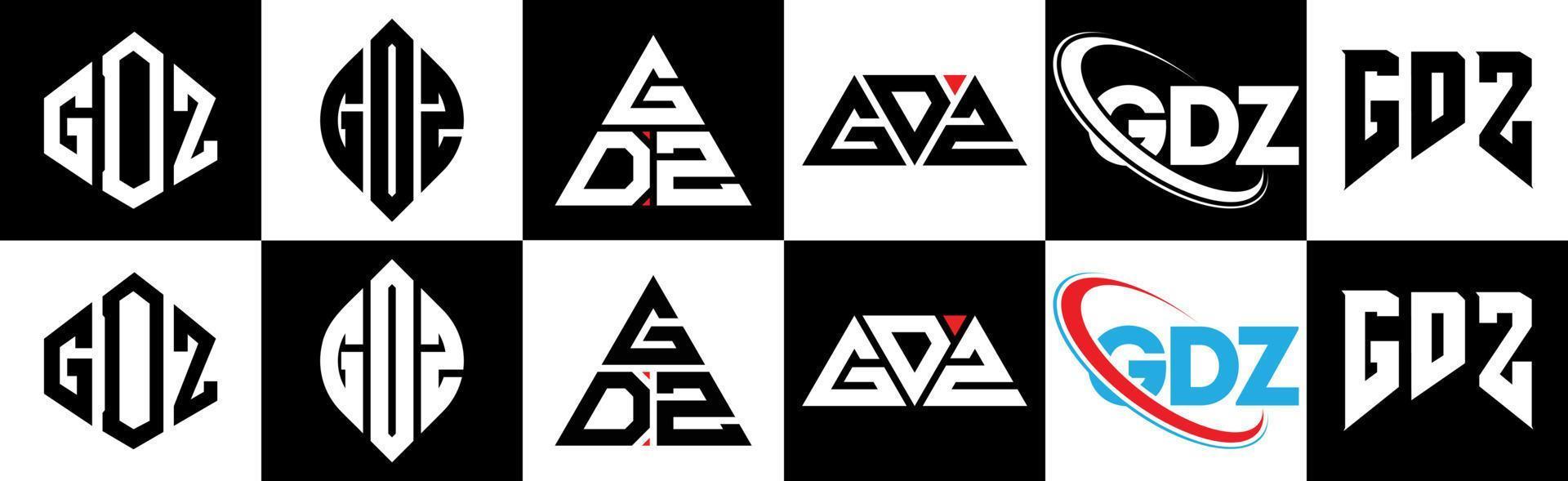 Diseño de logotipo de letra gdz en seis estilos. polígono gdz, círculo, triángulo, hexágono, estilo plano y simple con logotipo de letra de variación de color blanco y negro en una mesa de trabajo. logotipo minimalista y clásico de gdz vector