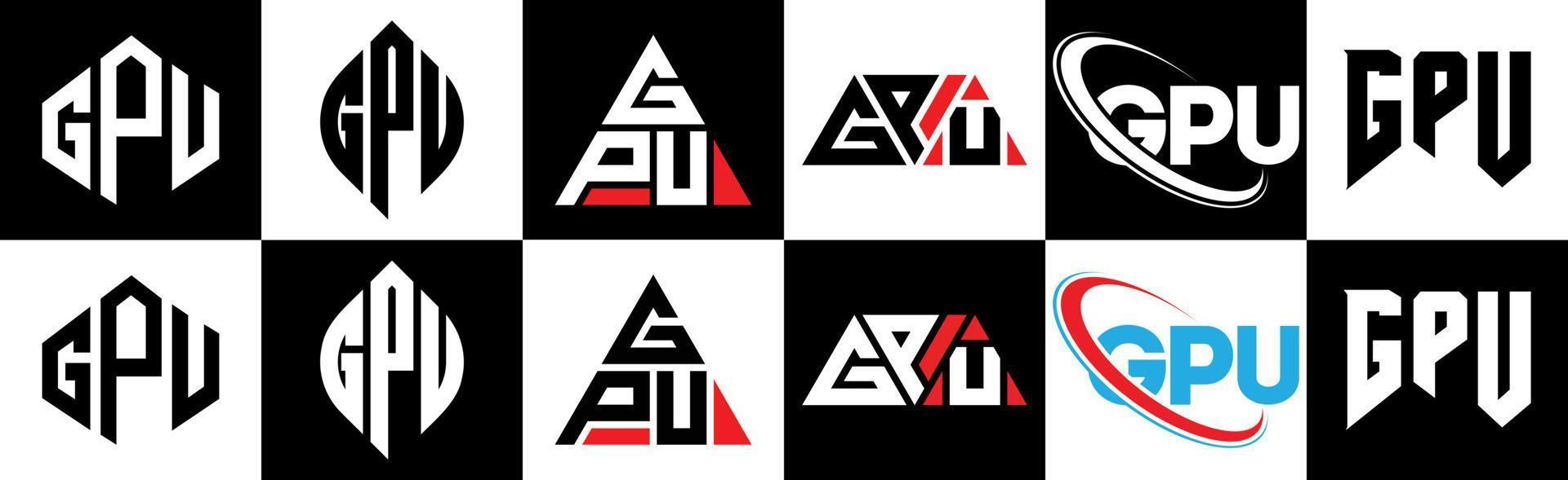 diseño de logotipo de letra gpu en seis estilos. gpu polígono, círculo, triángulo, hexágono, estilo plano y simple con logotipo de letra de variación de color blanco y negro en una mesa de trabajo. logotipo minimalista y clásico de gpu vector