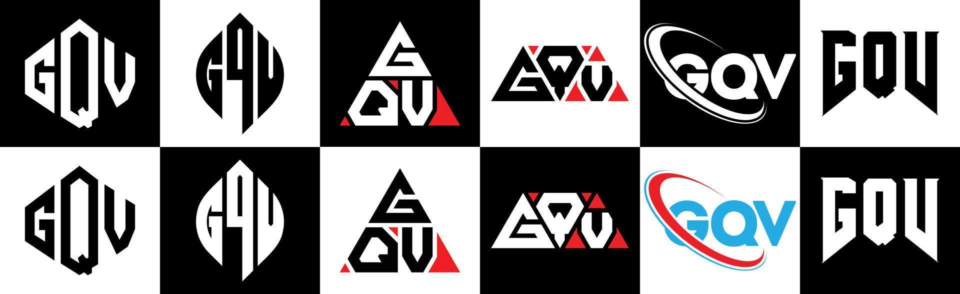 GQV letter logo design in six style. GQV polygon, circle, triangle, hexagon, flat and simple style with black and white color variation letter logo set in one artboard. GQV minimalist and classic logo vector