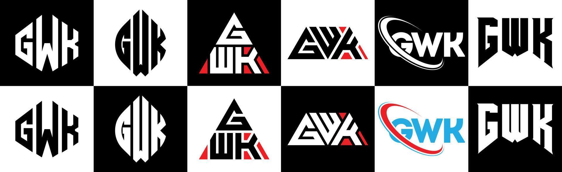 GWK letter logo design in six style. GWK polygon, circle, triangle, hexagon, flat and simple style with black and white color variation letter logo set in one artboard. GWK minimalist and classic logo vector