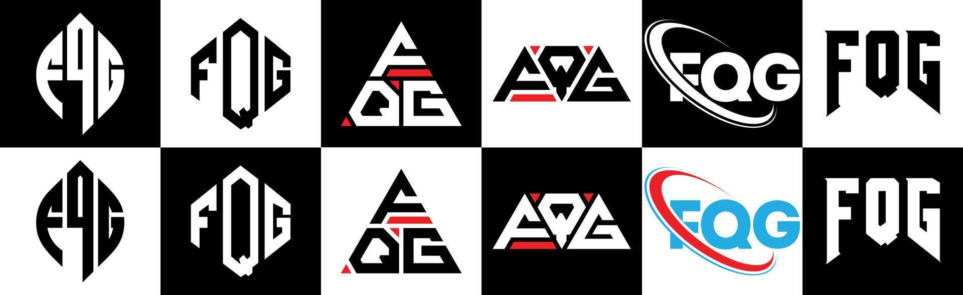FQG letter logo design in six style. FQG polygon, circle, triangle, hexagon, flat and simple style with black and white color variation letter logo set in one artboard. FQG minimalist and classic logo vector