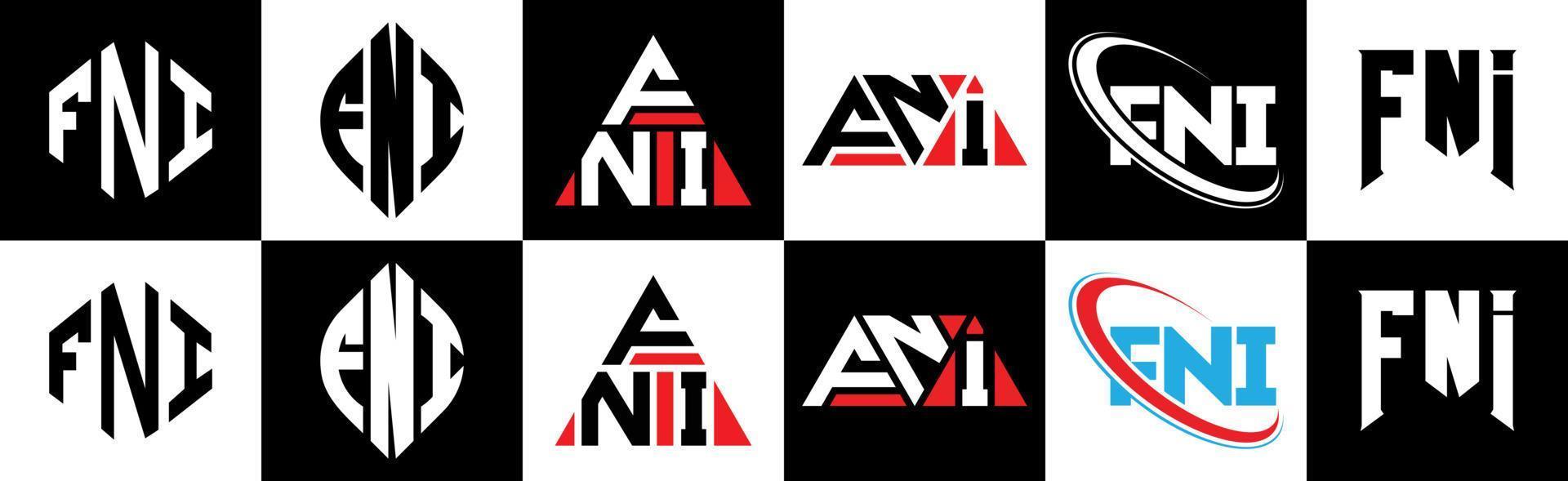 diseño de logotipo de letra fni en seis estilos. fni polígono, círculo, triángulo, hexágono, estilo plano y simple con logotipo de letra de variación de color blanco y negro en una mesa de trabajo. logotipo minimalista y clásico de fni vector