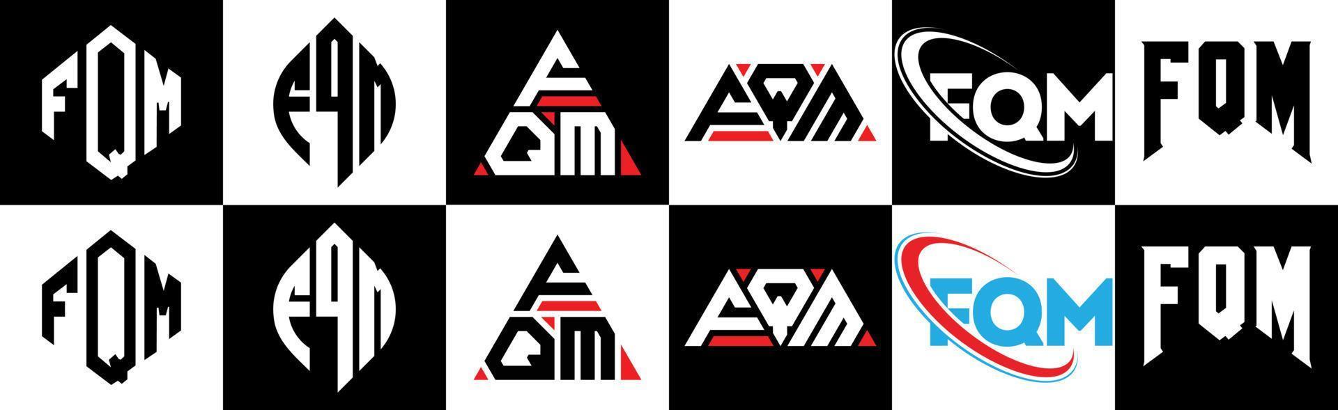 FQM letter logo design in six style. FQM polygon, circle, triangle, hexagon, flat and simple style with black and white color variation letter logo set in one artboard. FQM minimalist and classic logo vector