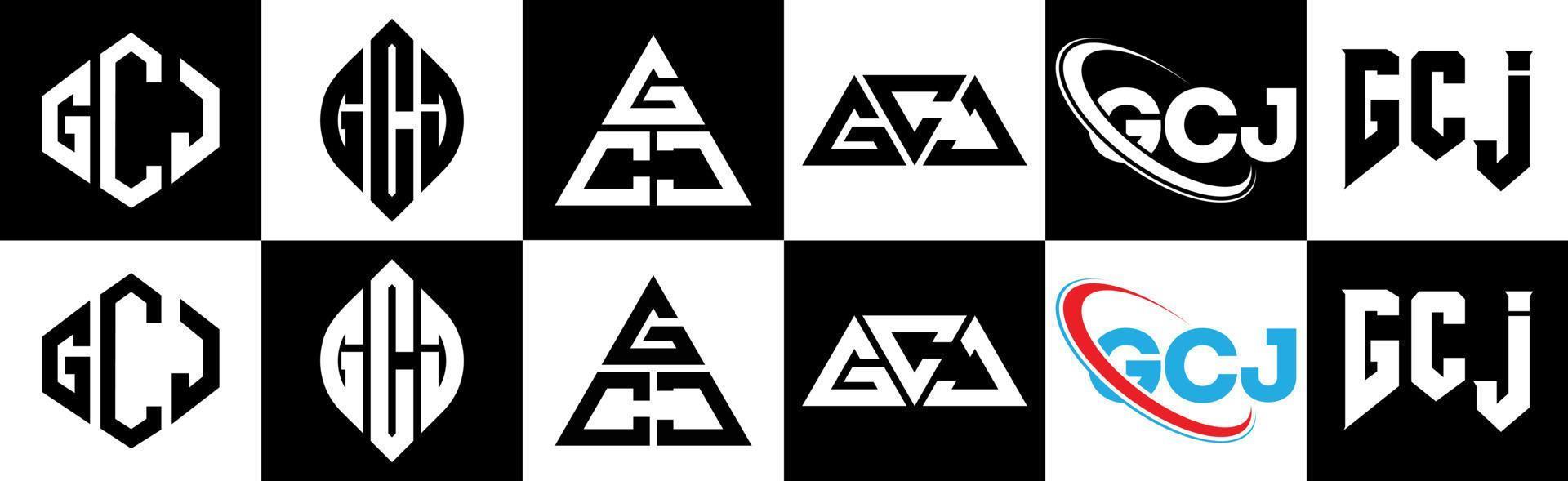 Diseño de logotipo de letra gcj en seis estilos. gcj polígono, círculo, triángulo, hexágono, estilo plano y simple con logotipo de letra de variación de color blanco y negro en una mesa de trabajo. logotipo minimalista y clásico de gcj vector