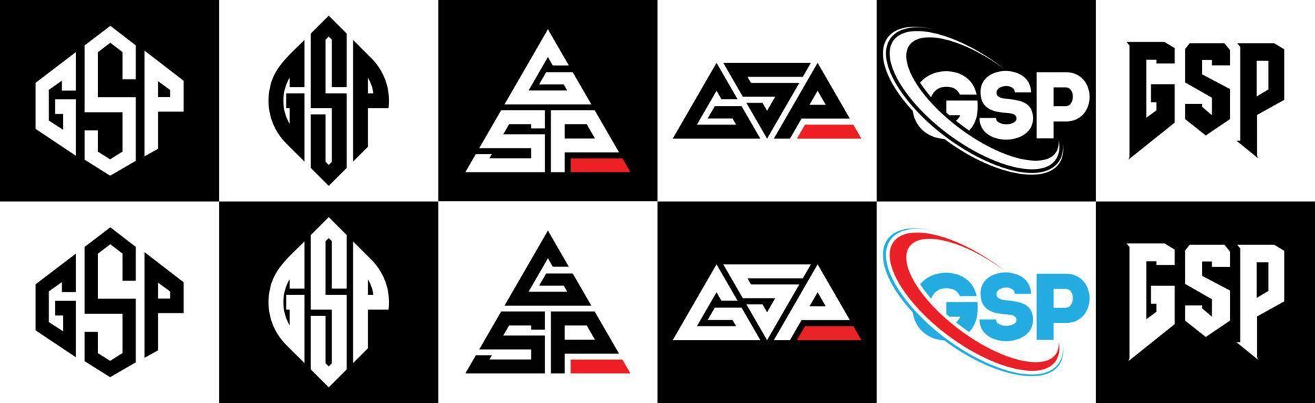 diseño de logotipo de letra gsp en seis estilos. gsp polígono, círculo, triángulo, hexágono, estilo plano y simple con logotipo de letra de variación de color blanco y negro en una mesa de trabajo. logo gsp minimalista y clásico vector