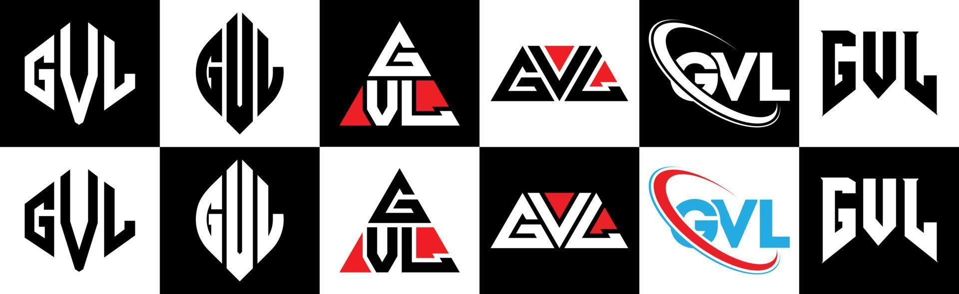 Diseño de logotipo de letra gvl en seis estilos. gvl polígono, círculo, triángulo, hexágono, estilo plano y simple con logotipo de letra de variación de color blanco y negro en una mesa de trabajo. logotipo minimalista y clásico de gvl vector