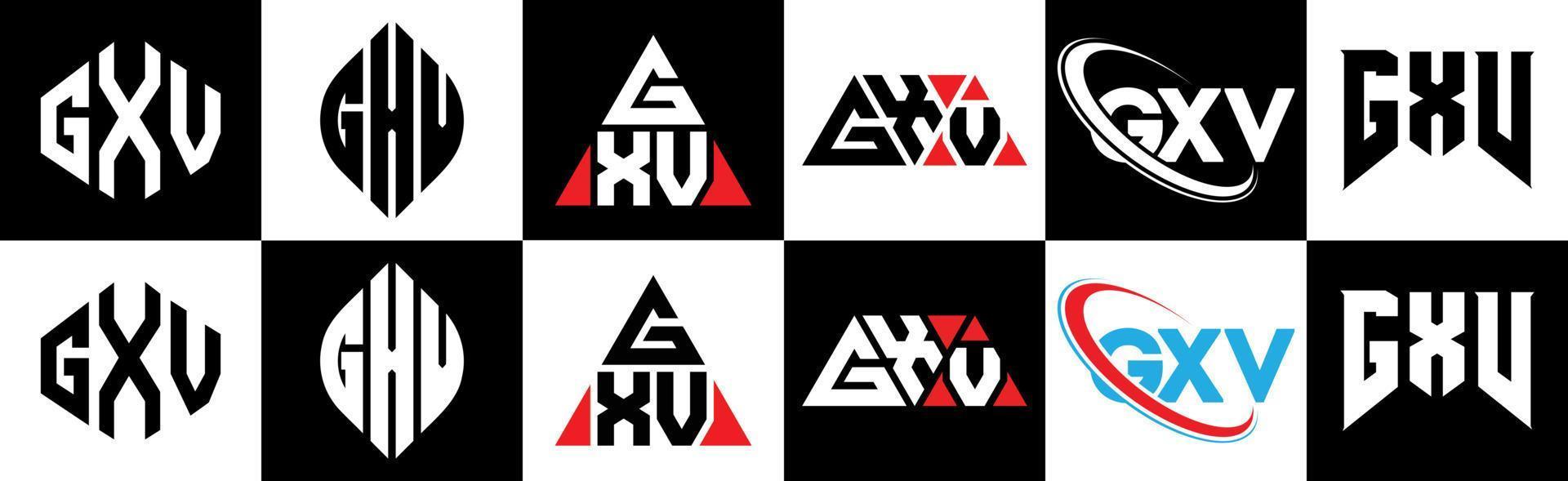 diseño de logotipo de letra gxv en seis estilos. polígono gxv, círculo, triángulo, hexágono, estilo plano y simple con logotipo de letra de variación de color blanco y negro en una mesa de trabajo. logo gxv minimalista y clasico vector