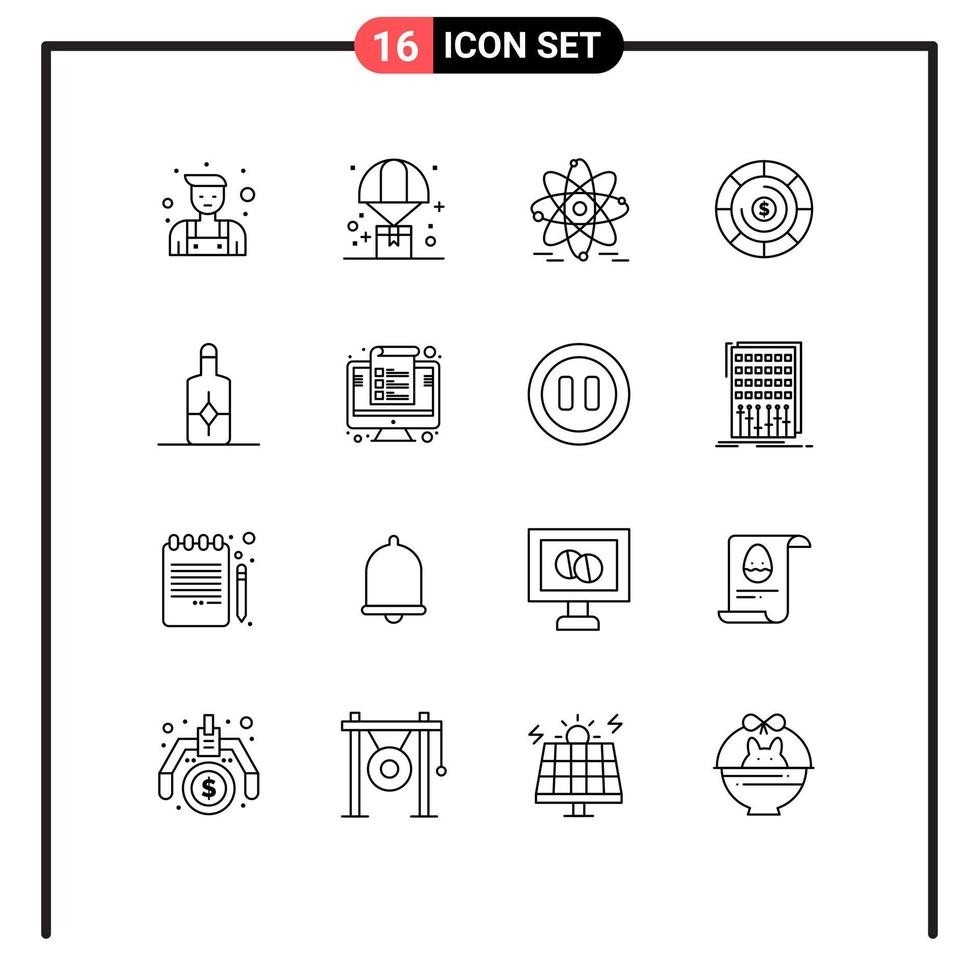Set of 16 Modern UI Icons Symbols Signs for computer cream atom beach coins Editable Vector Design Elements