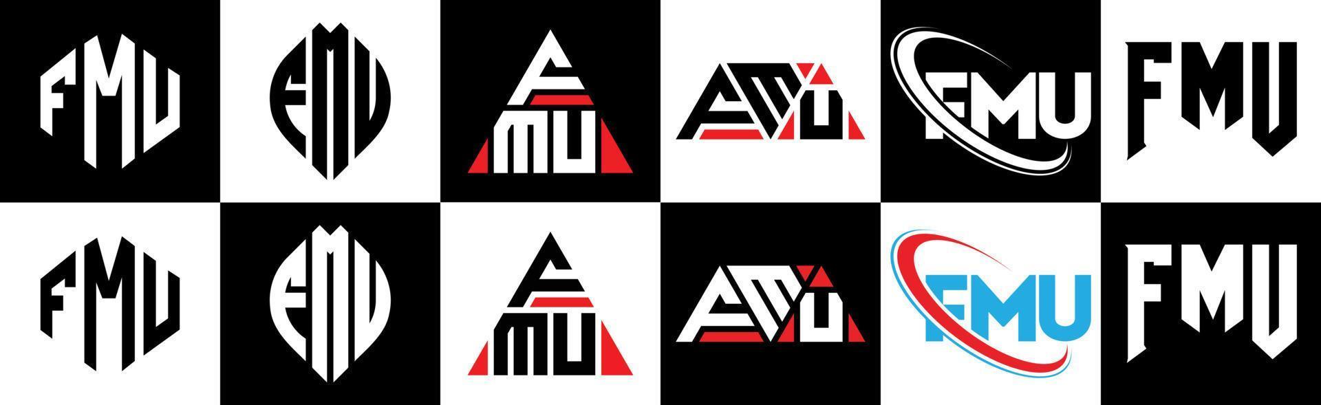 diseño de logotipo de letra fmu en seis estilos. fmu polígono, círculo, triángulo, hexágono, estilo plano y simple con logotipo de letra de variación de color blanco y negro en una mesa de trabajo. logotipo minimalista y clásico de fmu vector