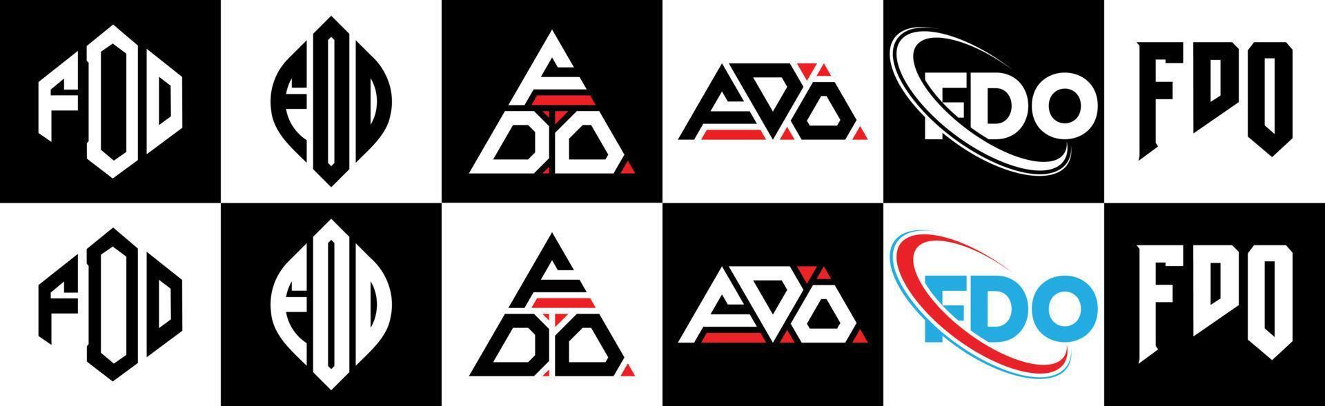 FDO letter logo design in six style. FDO polygon, circle, triangle, hexagon, flat and simple style with black and white color variation letter logo set in one artboard. FDO minimalist and classic logo vector
