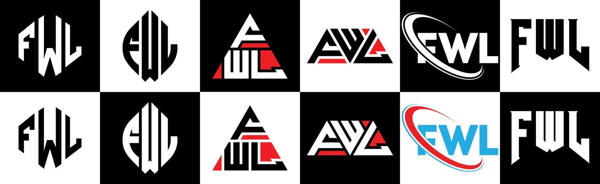 diseño de logotipo de letra fwl en seis estilos. fwl polígono, círculo, triángulo, hexágono, estilo plano y simple con logotipo de letra de variación de color blanco y negro en una mesa de trabajo. fwl logotipo minimalista y clásico vector